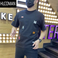 HLCOMAN网季潮牌百搭短袖t恤男士圆领半袖印花上衣潮流修身体恤t