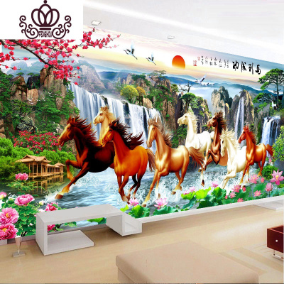 封后线绣十字绣2019新款绣客厅山水风景画八骏图马到成功满绣大幅大气棉线-250×110厘米满绣-3股线绣+送工具
