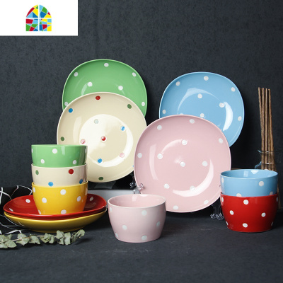 可爱波点碗碟套装菜盘子碗家用餐具碗盘组合陶瓷器韩式 6碗6盘6筷 FENGHOU