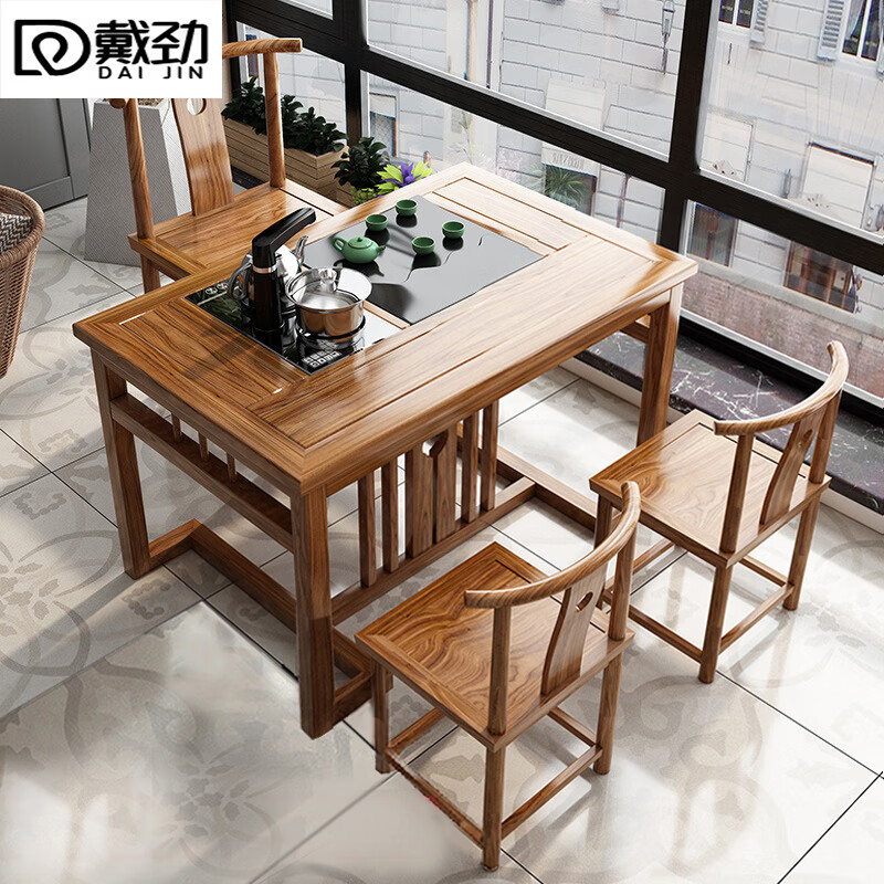 戴劲阳台茶桌椅组合家用小茶台新中式茶桌简约小户型茶几1米中圆茶桌+3月牙椅
