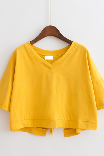 纯色后背拼接开叉V领宽松高腰短款上衣女学生绑带短袖T恤女装