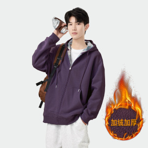 复古格子连帽开衫卫衣加绒秋冬季拼接宽松插兜摇粒绒拉链外套男士