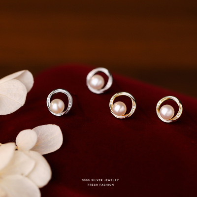 s999足银几何圆环淡水珍珠耳钉女法式复古轻奢镂空设计不规则耳饰送女朋友老婆情人节七夕生日礼物