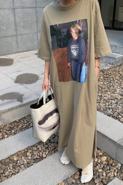 夏季韩版女装中长款过膝开叉连衣裙宽松短袖T恤裙子休闲大码上衣