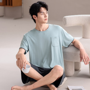 莫代尔夏季新款男士睡衣圆领短袖休闲简约可外穿大码家居服两件套