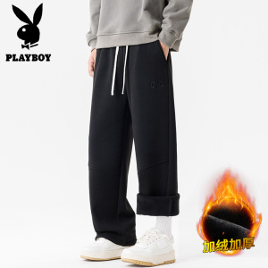 花花公子新款冬季加绒加厚奥粒绒休闲裤刺绣保暖德绒裤子-裤脚可调节