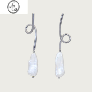 JiMi原创流行S925银曲线不规则珍珠耳环日韩潮流高级感耳钉耳饰女 银长75mm/重20mm