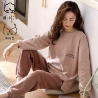 2025年啄木鸟清仓睡衣女带胸垫春秋款纯棉长袖秋冬女士家居服套装