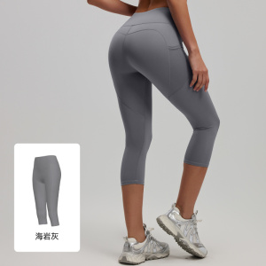 侧口袋七分瑜伽裤女高腰健身房蜜桃提臀健身裤运动紧身裤