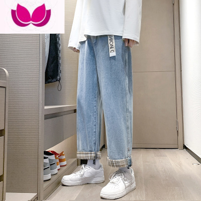 七斓秋季新款牛仔裤男士复古百搭宽松直筒阔腿裤港风潮牌痞帅卷边裤子
