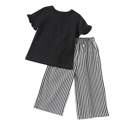 派派猴童装女童短袖套装2018新款黑色夏装体恤中大童休闲时尚夏季两件套潮衣110cm-160cm