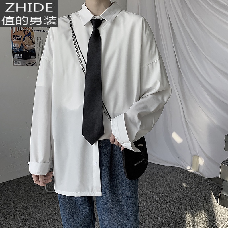 SUNTEK冷淡风高级感衬衫男港风日系宽松休闲春秋季长袖痞帅衬衣韩版潮流衬衫