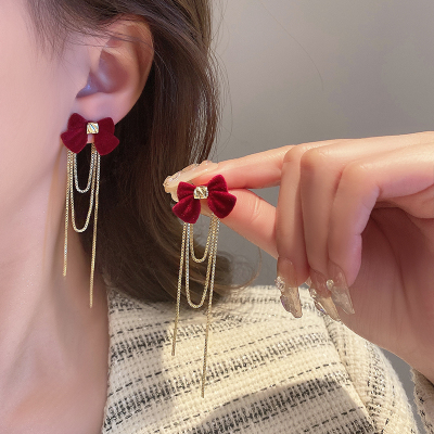红色丝绒蝴蝶结流苏长款耳环女小众设计高级感两戴耳钉显脸瘦耳饰送女朋友老婆情人节七夕生日礼物