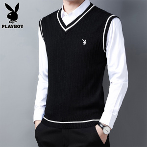 花花公子毛衣男士V领马甲针织衫秋冬季坎肩背心马夹外套男装秋款
