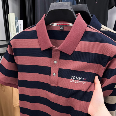 2025夏季新款条纹短袖Polo衫中青年男宽松大码休闲衫半袖体恤