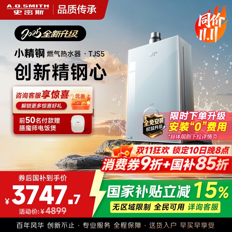 史密斯佳尼特[小精钢TJS5]16升增压零冷水燃气热水器 国家补贴 JSQ31-TJS5 安全守护 持久恒温 新品