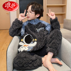 浪莎儿童睡衣男童秋冬季加厚珊瑚绒男孩家居服法兰绒宽松保暖套装 白色太空人 10 建议身高110-120