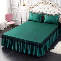 美帮汇床裙夏季冰丝凉席三件套单件夏天带蕾丝花边床罩款夏凉防尘围裙尘 孔雀绿 120cmx200cm
