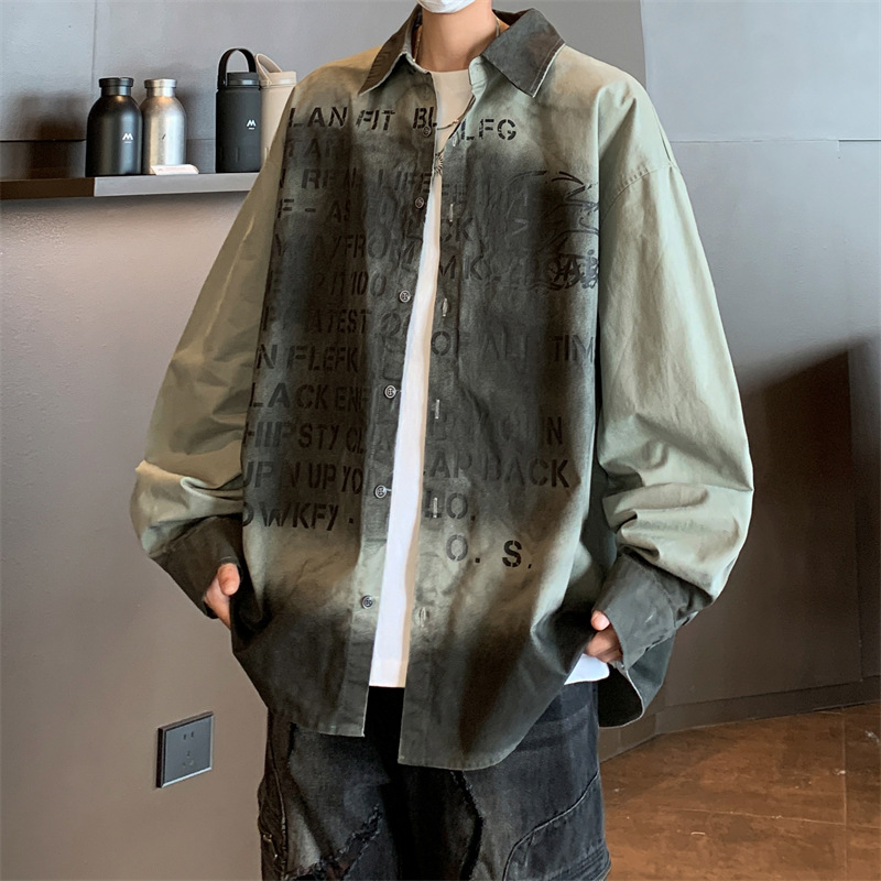 男装复古做旧长袖衬衫男春秋季潮牌字母印花痞帅青少年衬衣男外套