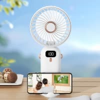手持数显挂绳风扇学生宿舍户外电风扇可折叠[F015手持数显挂绳风扇-象牙白]