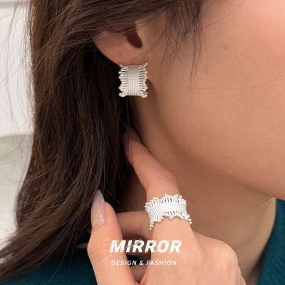 925纯银编织蕾丝耳钉戒指女耳环耳饰个性重约7g BCE8875+BCJ3234送女朋友老婆情人节七夕生日礼物