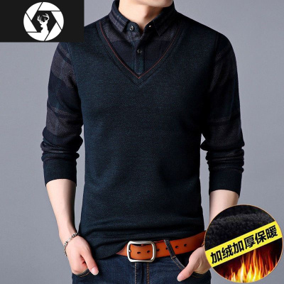 HongZun男士纯色假两件套长袖T恤男加绒加厚针织衫休闲毛衣男装冬季保暖毛衣