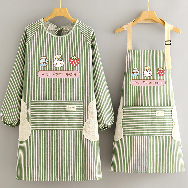 小清新棉麻围裙厨房家用长袖罩衣防污透气做饭围腰洋气工作服3759Z