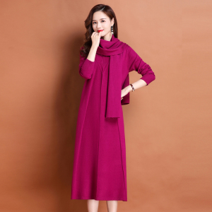 配围巾2024春秋新款羊绒衫女装高个子长款过膝毛衣春秋大码打底羊毛针织连衣裙高端羊毛衫女内搭针织羊绒连衣裙V领套头毛衣女