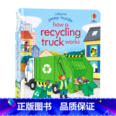 [正版]Usborne偷偷看里面系列 回收车工作原理 纸板翻翻书洞洞书 英文原版绘本 Peep Inside How
