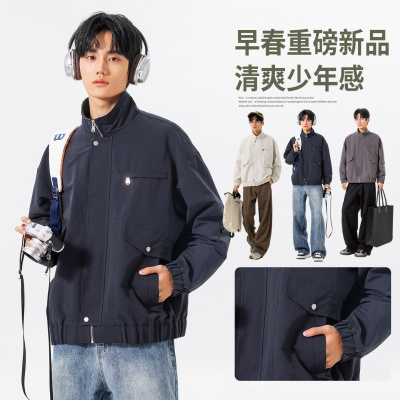 男装休闲百搭简约立领春秋季新款工装夹克外套男士飞行防风夹克男