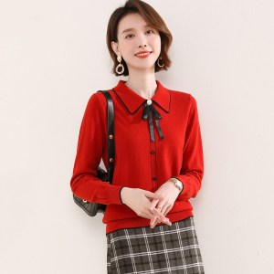 恒源祥翻领香风针织衫女秋冬新款复古减龄娃娃领纯羊毛衫套头毛衣