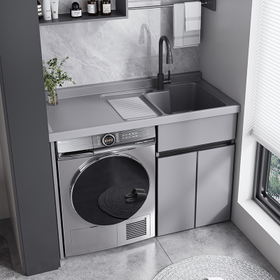 [免费安装]洗衣机柜可定制太空铝石英石一体阳台浴室柜带搓板台盆柜组合洗衣柜伴侣