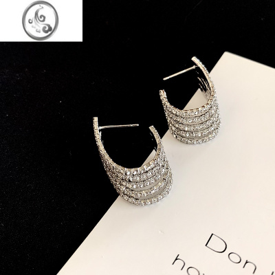 JiMi超闪奢华满钻多层c型耳坠气质百搭高级感耳钉ins小众设计轻奢耳环