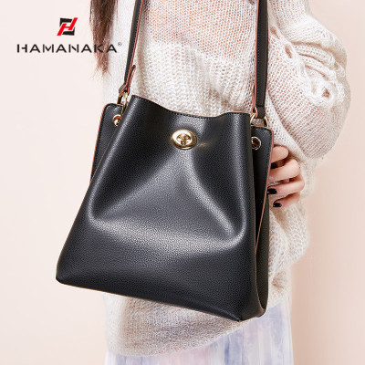 HAMANAKA女包新款油蜡牛皮大容量水桶包休闲手提斜挎单肩包包