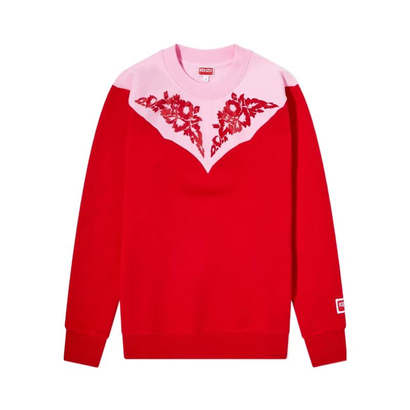 高田贤三(Kenzo)鲜红色棉质圆领卫衣女款花卉拼接编织品牌刺绣休
