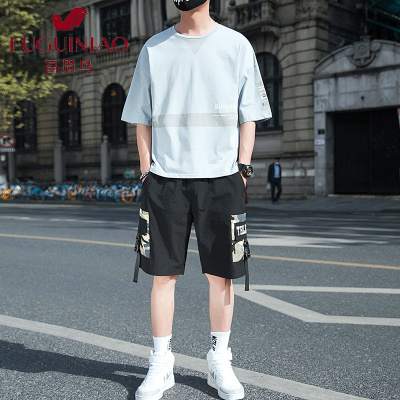 富贵鸟（FUGUINIAO）夏季短袖T恤套装男潮流宽松男士迷彩五分裤休闲运动套装工装短裤