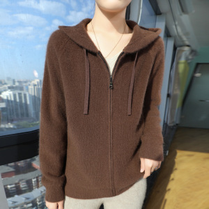 新款秋冬连帽羊毛开衫女洋气宽松纯色毛衣女双拉链针织外套女