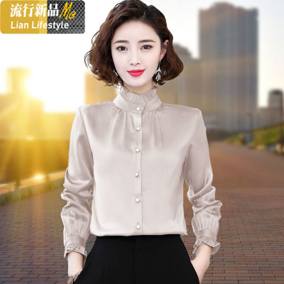 暖青汇雪纺衬衫女长袖加绒保暖春秋新款气质立领百搭上衣打底衫职业衬衣