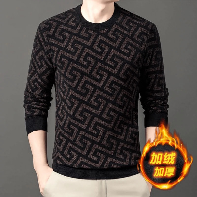 男士针织衫冬季新款圆领提花加绒加厚保暖打底毛衣男