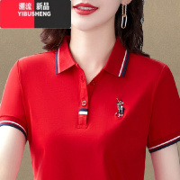 YIBUSHENG洋气短袖t恤女装时尚妈妈polo衫宽松翻领半袖上衣大码绣花体恤
