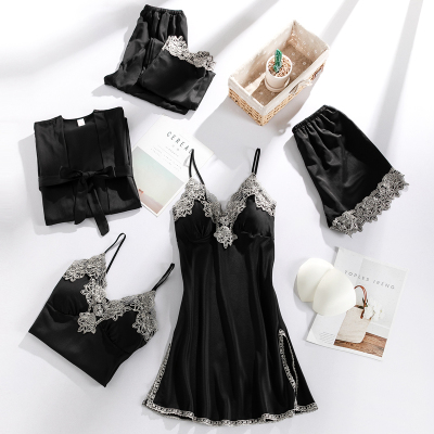 HLCOMAN黑色睡衣女夏季冰丝睡裙薄款带胸垫丝绸套装性感家居服春秋五件套睡裙