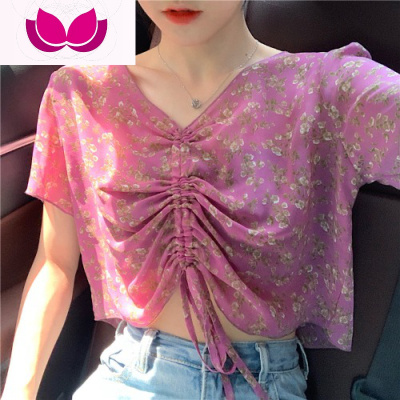 七斓超火cec短袖女雪纺衫衬衣设计感V领绑带抽绳碎花气质修身短款上衣图片色均码