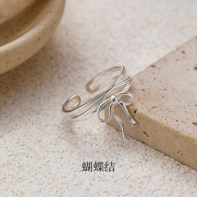 S925纯银蝴蝶结戒指女温柔甜美开口指环小众设计食指戒送女友礼物送女朋友老婆情人节七夕生日礼物