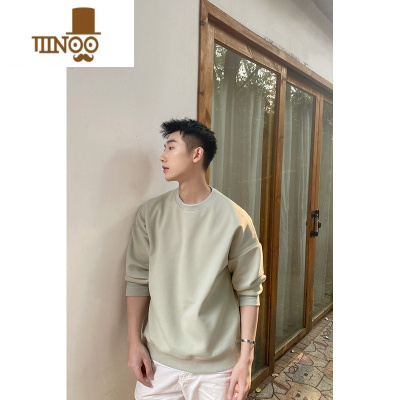 YANXU薄款长袖圆领卫衣男灰绿色小领口套头衫纯色宽松情侣上衣