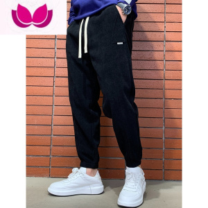 七斓博澳绒潮牌宽松束脚休闲裤男士灯芯绒加绒加厚卫裤条绒运动裤