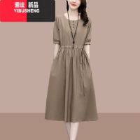 YIBUSHENG2024年春圆领棉麻连衣裙中长款女新款气质收腰显瘦遮肚裙子