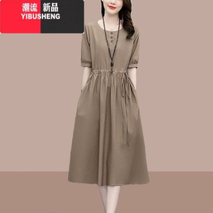 YIBUSHENG2024年春圆领棉麻连衣裙中长款女新款气质收腰显瘦遮肚裙子