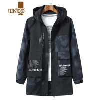 YANXU大码中长款风衣男新款宽松连帽夹克潮流上衣胖子迷彩休闲外套