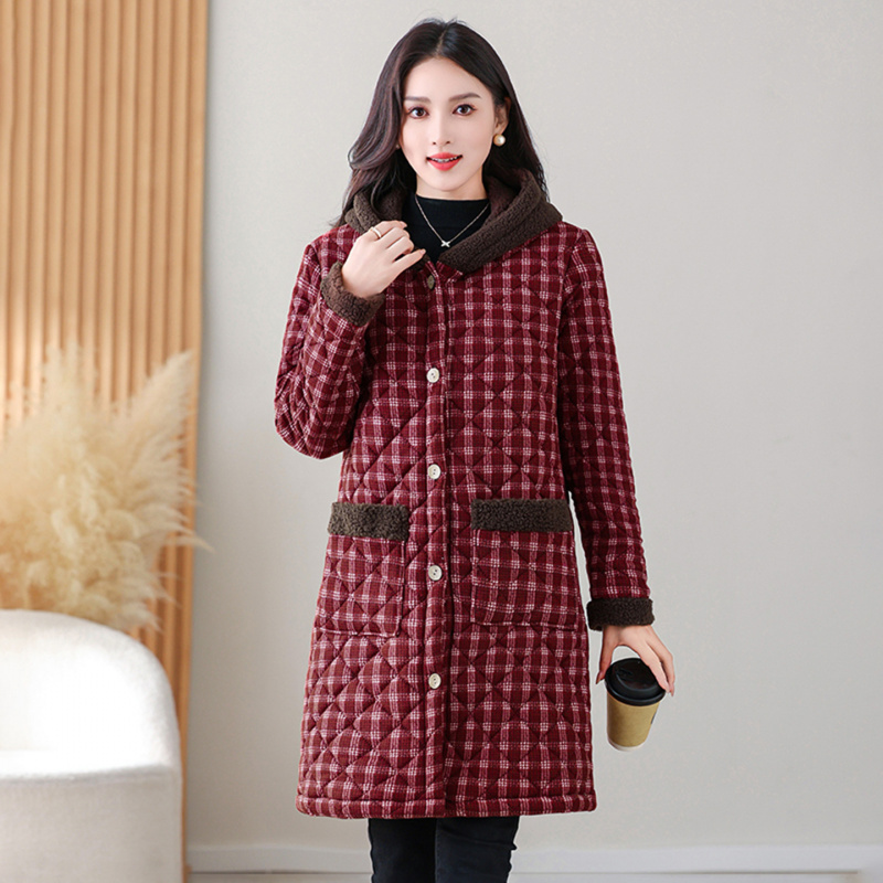 秋冬新款复古格子中长款连帽棉衣女加绒加厚大码保暖棉袄大衣