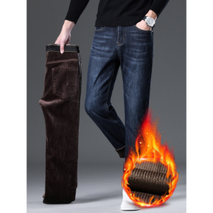 秋冬新款男牛仔裤加绒时尚弹力修身直筒裤男士加厚保暖男裤